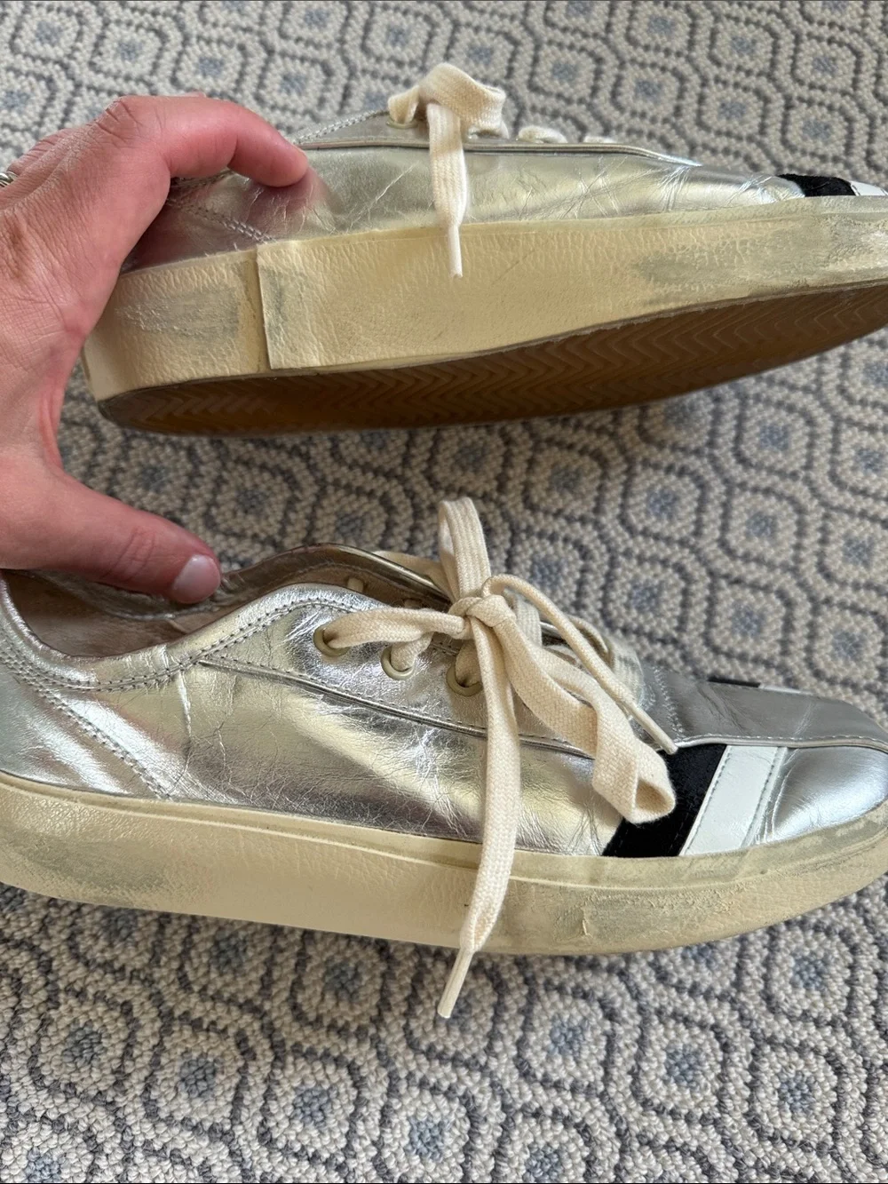 Re/Done Silver Sneakers with Black & White Stripe Detail